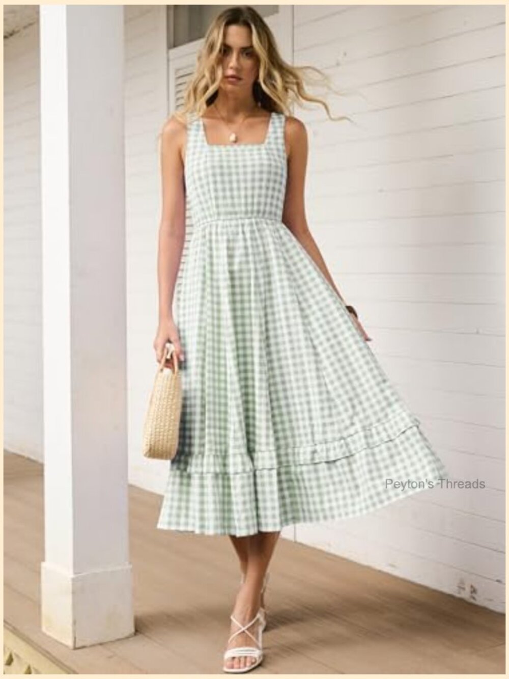 Womens Summer Casual Gingham Plaid Midi Dress Sleeveless Square Neck Flowy with - Picture 3 of 7